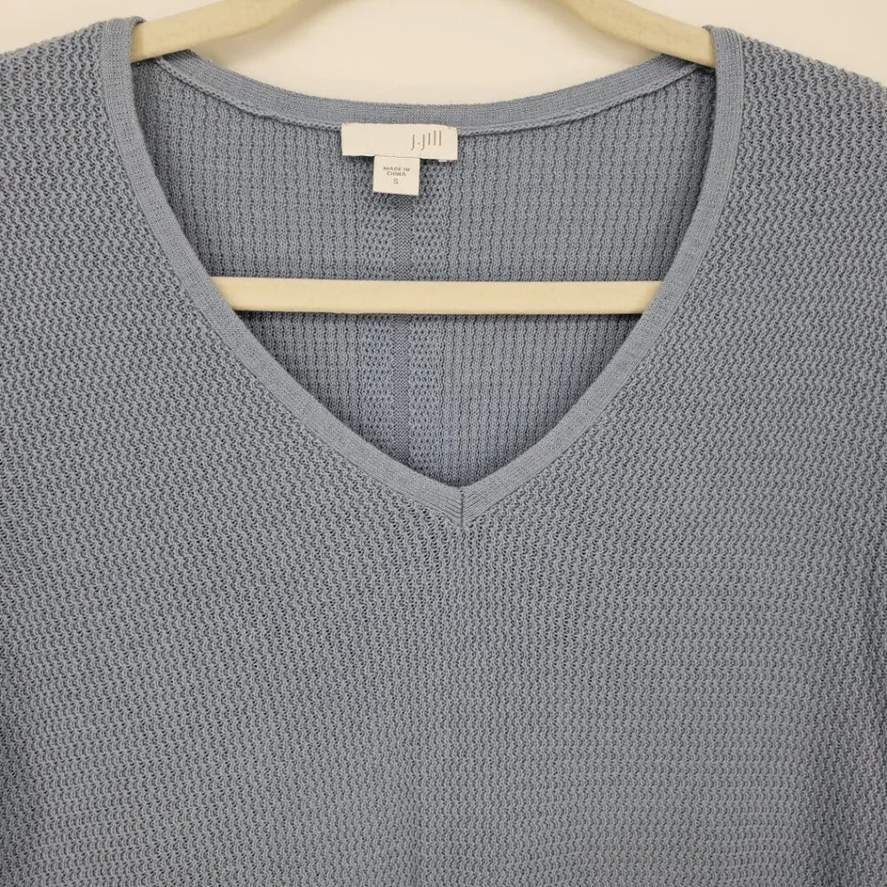 J. Jill Cotton‎ Textured Knit Sweater S V Neck Light Blue 3/4 Sleeves